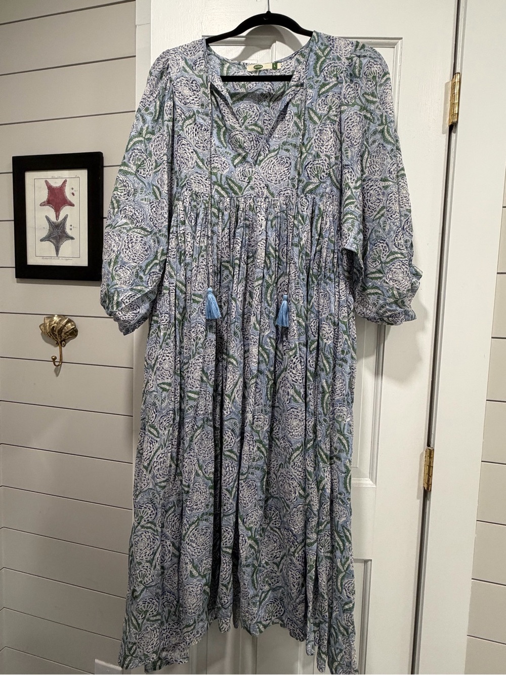 Midi Floral Boho Dress in Light Blue and Green